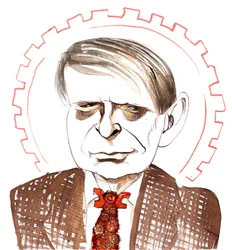 Anthony Burgess, English novelist, critic, poet, playwright, translator and composer; caricatured with clockwork orange tie, with reference to his novella A Clockwork Orange